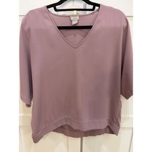 Chicos Womens V-Neck Blouse Dusty Mauve Crepe Short Sleeve Top Size 1 Med 8-10